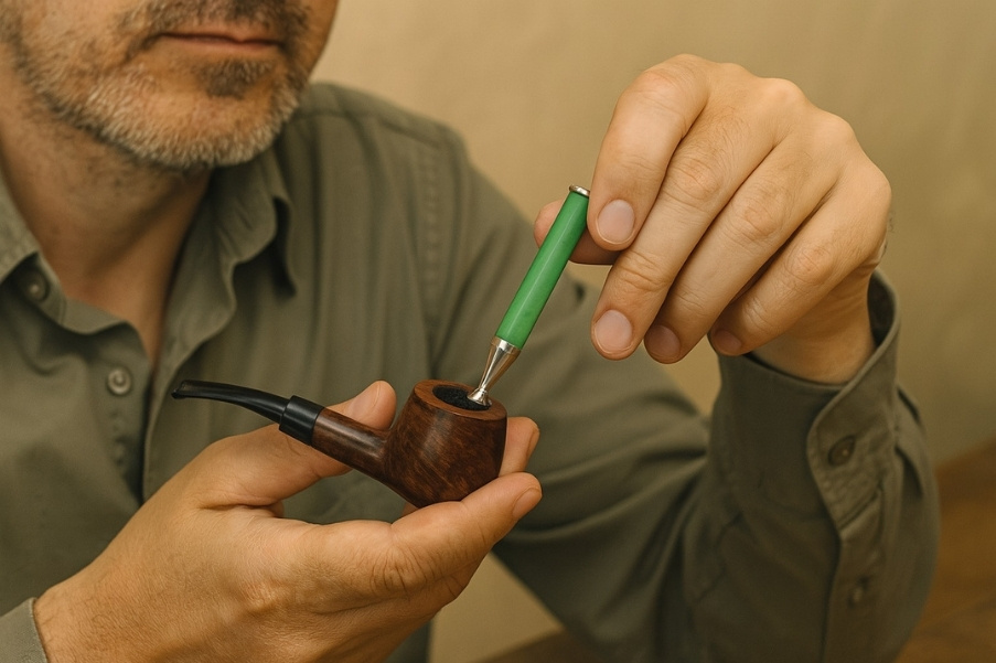 Man using a green-handled tamper to pack tobacco in a wooden pipe.